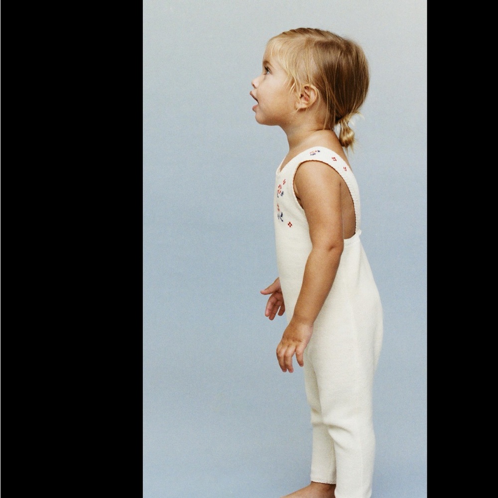 Zara Cream Knit Toddler Jumpsuit with Floral Embroidery